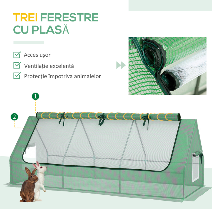  Sera Mica cu 2 Ferestre Laterale si Fereastra Centrala, din Otel, PE si PP, 240x90x90 cm, Verde [4]