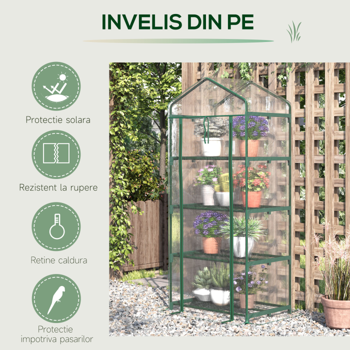  Sera pentru Balcon Compacta cu 4 Rafturi pentru Plante, Sera pentru Gradina cu Acoperis din PVC Transparent, 70x50x160cm [5]