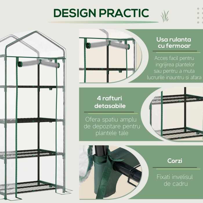  Sera pentru Balcon Compacta cu 4 Rafturi pentru Plante, Sera pentru Gradina cu Acoperis din PVC Transparent, 70x50x160cm [6]
