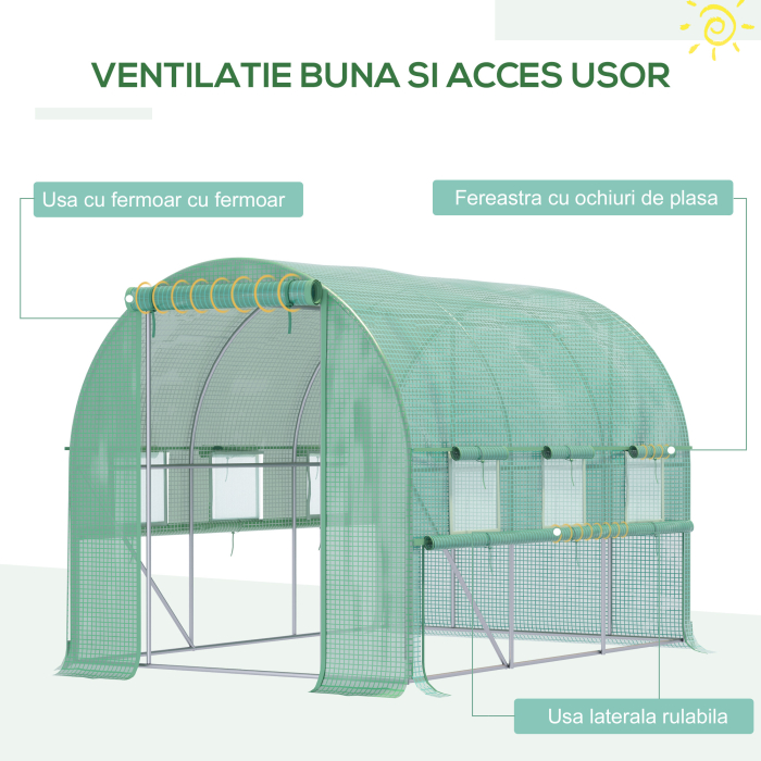  Sera pentru gradina 3x2x2m din otel si acoperire PE, usi cu fermoar si ferestre cu plasa, verde [4]