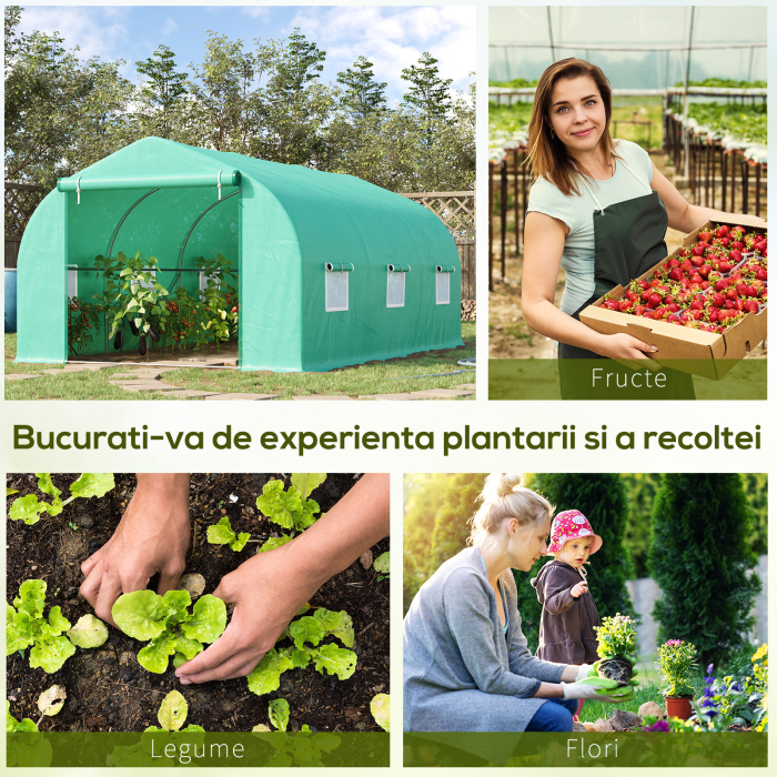  Sera pentru Gradina cu 6 Ferestre, Usa Rulanta si Acoperis invelit PE, 4,5x3x2 m, Verde inchis [8]