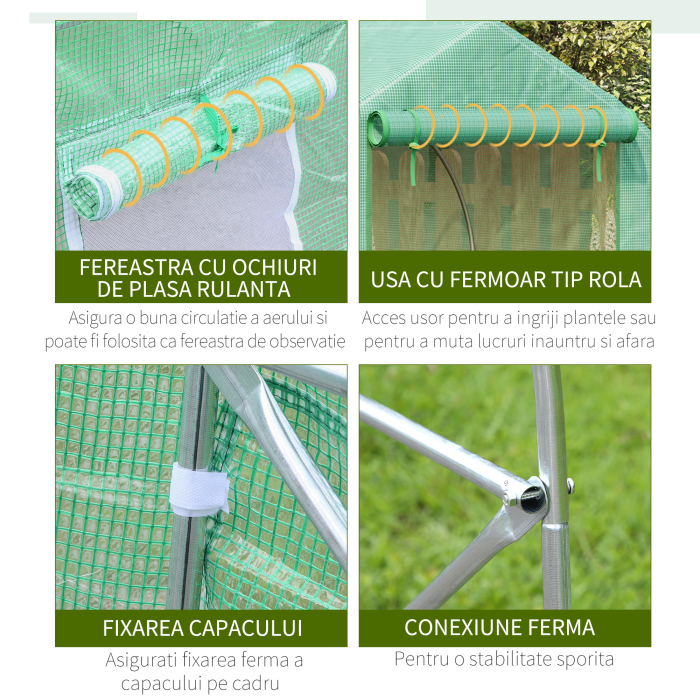  Sera pentru Gradina cu 6 Ferestre, Usa Rulanta si Acoperis invelit PE, 4,5x3x2 m, Verde inchis [7]