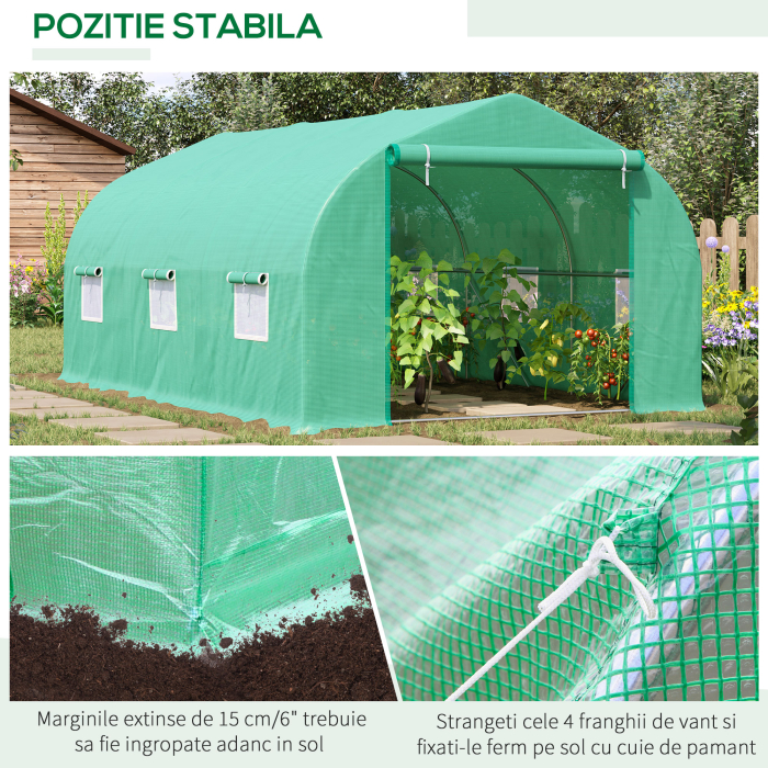  Sera pentru Gradina cu 6 Ferestre, Usa Rulanta si Acoperis invelit PE, 4,5x3x2 m, Verde inchis [6]