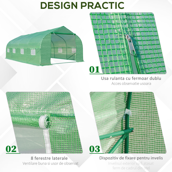 , sera pentru gradina cu acoperis, 6x3x2, verde | Aosom Ro [6]