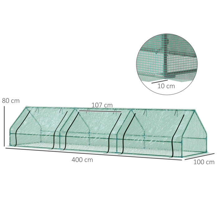  Sera pentru Gradina Impermeabila si Rezistenta la UV cu 3 Ferestre Rulante, 400x100x80 cm, Verde [3]