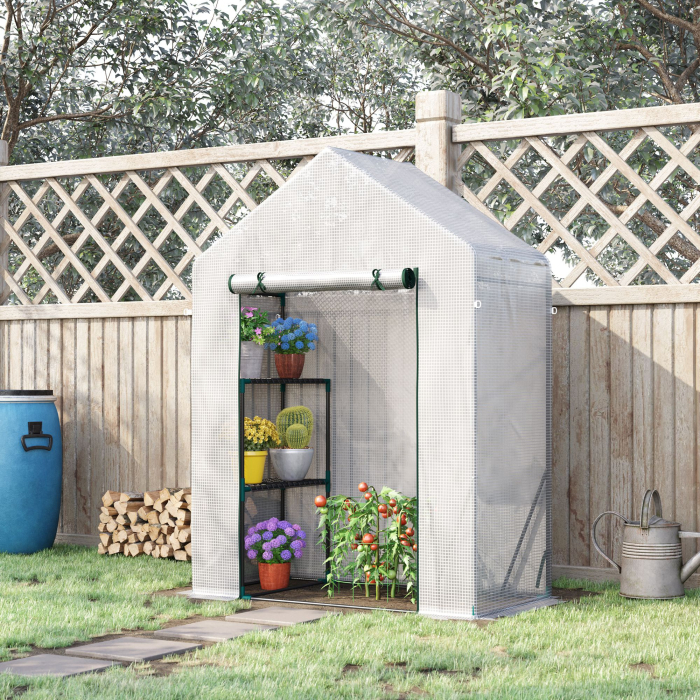  Sera pentru Gradina pentru Exterior cu 2 Rafturi, Usa tip Rulou, 143x73x195cm, Alb [2]