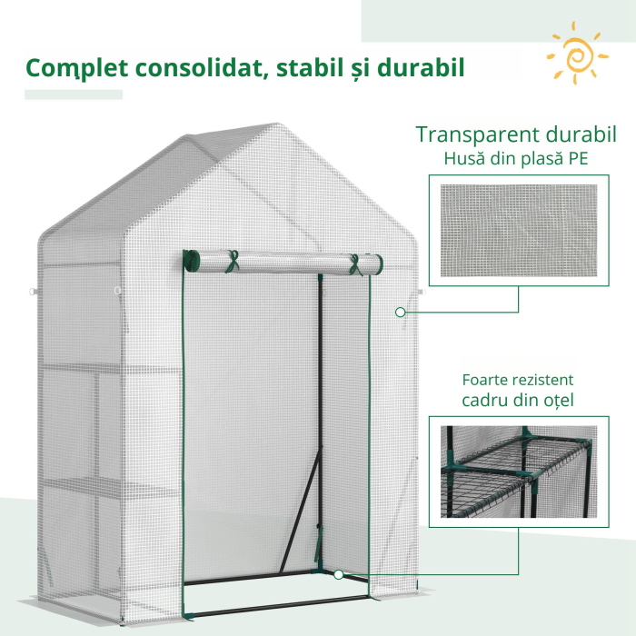  Sera pentru Gradina pentru Exterior cu 2 Rafturi, Usa tip Rulou, 143x73x195cm, Alb [4]