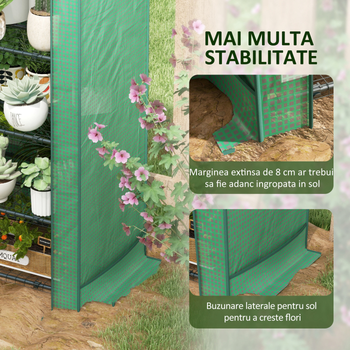  Sera pentru Plante cu 4 Rafturi si Usa Rulabila, din Metal si PE, 69x49x158 cm, Verde inchis [7]
