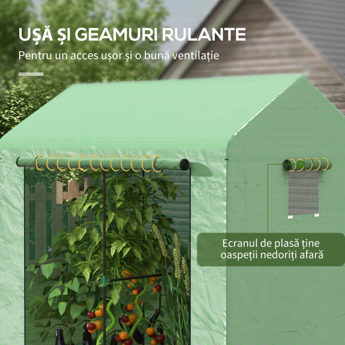  Sera tip casuta cu 2 sectiuni, cu usa si ferestre rulabile, din otel si PE, 200x140x200 cm, verde [6]
