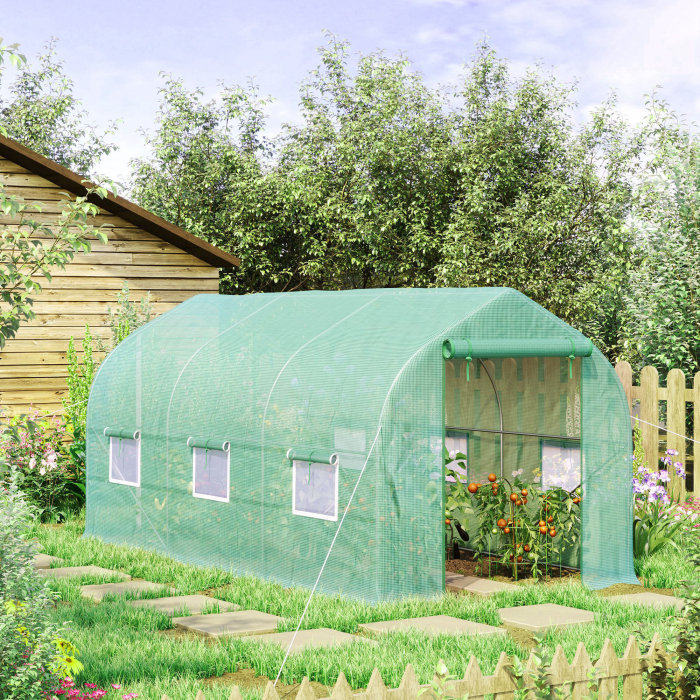  Sera Tip Tunel Anti-UV cu 6 Ferestre cu Plasa si Intrare Rulabila, din Metal si PE, 4x2x2 m, Verde [8]
