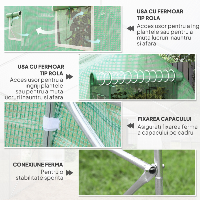  Sera Tip Tunel Anti-UV cu 6 Ferestre cu Plasa si Intrare Rulabila, din Metal si PE, 4x2x2 m, Verde [6]