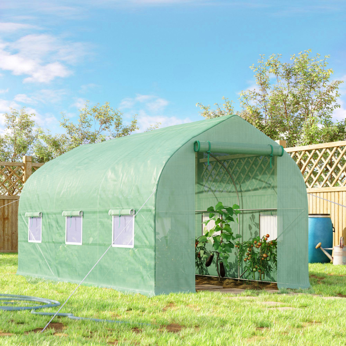  Sera Tip Tunel Anti-UV cu 6 Ferestre cu Plasa si Intrare Rulabila, din Metal si PE, 4x2x2 m, Verde [2]