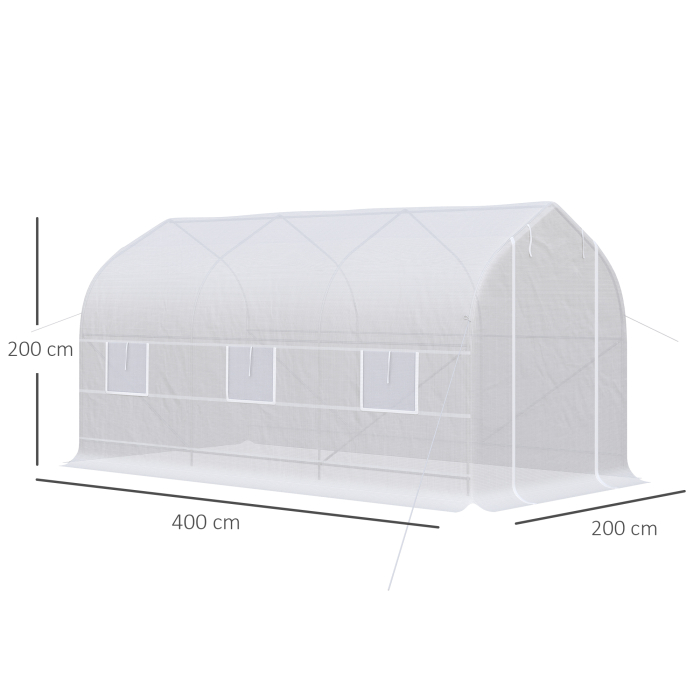  Sera Tip Tunel Anti-UV cu 6 Ferestre cu Plasa si Intrare Rulabila, Metal si PE, 4x2x2 m, Alb [3]