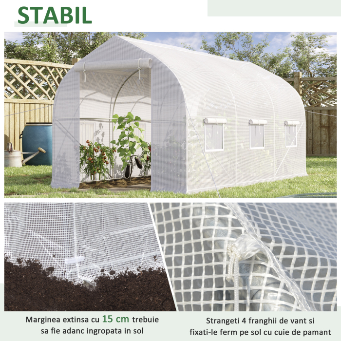  Sera Tip Tunel Anti-UV cu 6 Ferestre cu Plasa si Intrare Rulabila, Metal si PE, 4x2x2 m, Alb [5]