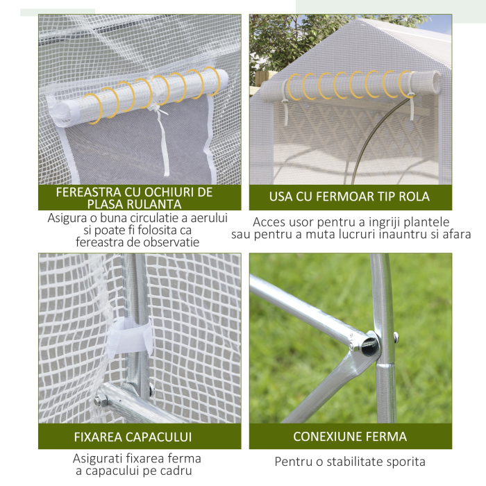  Sera Tip Tunel Anti-UV cu 6 Ferestre cu Plasa si Intrare Rulabila, Metal si PE, 4x2x2 m, Alb [6]