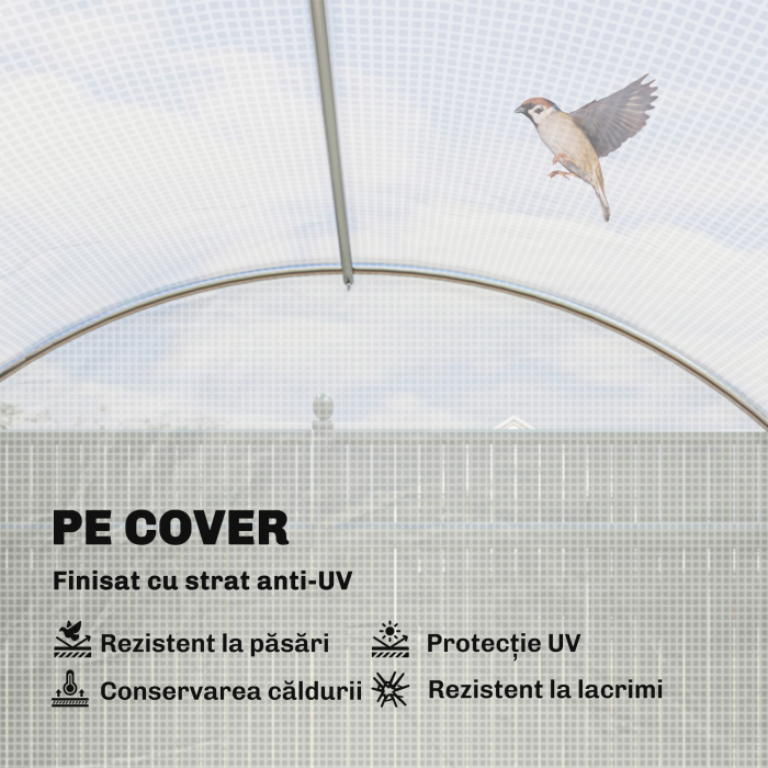  Sera tip tunel cu 2 bare detasabile si usi si ferestre cu plasa, din otel galvanizat si polietilena, 396x300x200 cm, alb [5]