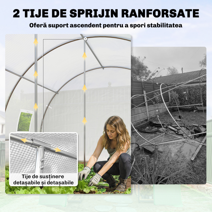  Sera tip tunel cu 2 bare detasabile si usi si ferestre cu plasa, din otel galvanizat si polietilena, 396x300x200 cm, alb [4]