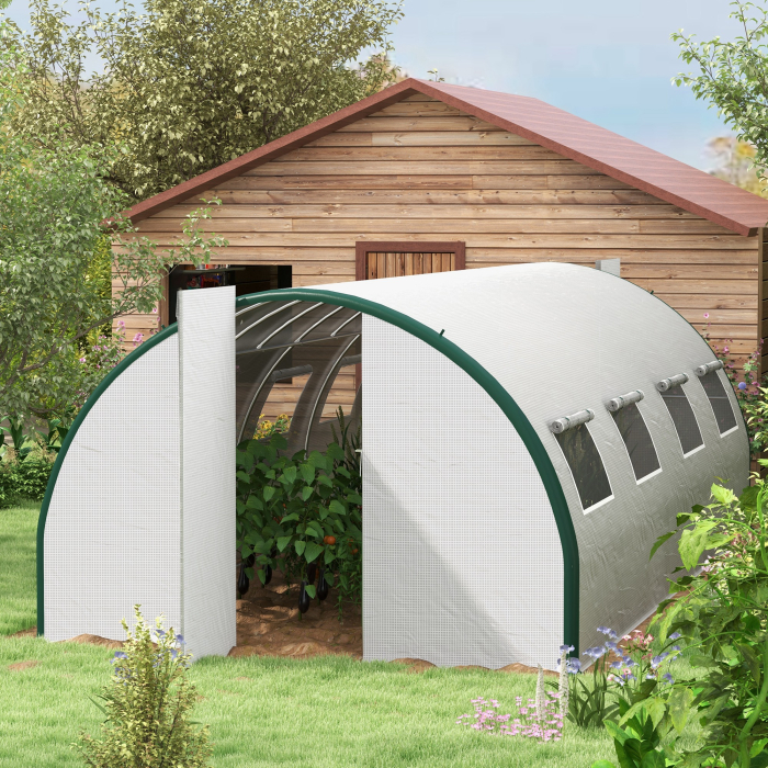  Sera Tip Tunel cu 2 Usi, Fermoare si 8 Ferestre, 600x300x200 cm, Alb [2]
