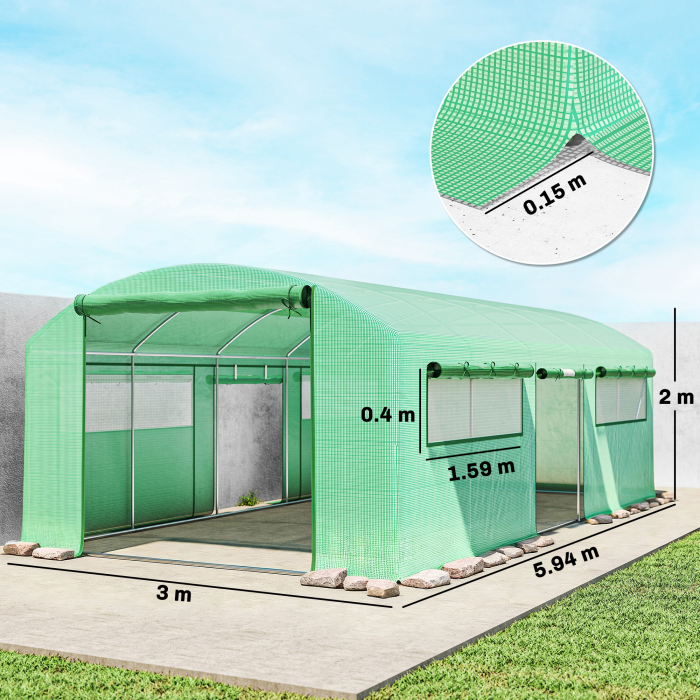  Sera tip tunel cu 3 usi rulabile si 6 ferestre, din otel galvanizat si PE, 6x3x2 m, verde [3]