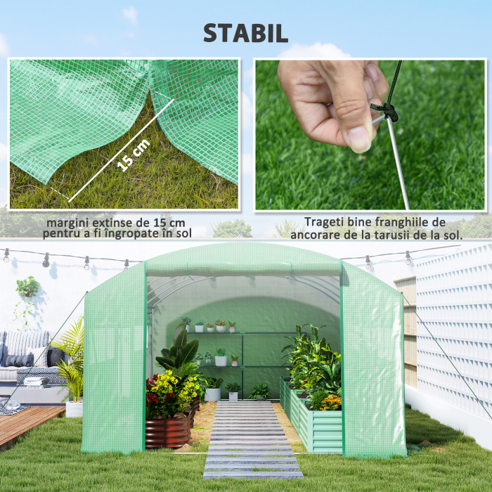  Sera tip tunel cu 3 usi rulabile si 6 ferestre, din otel galvanizat si PE, 6x3x2 m, verde [8]