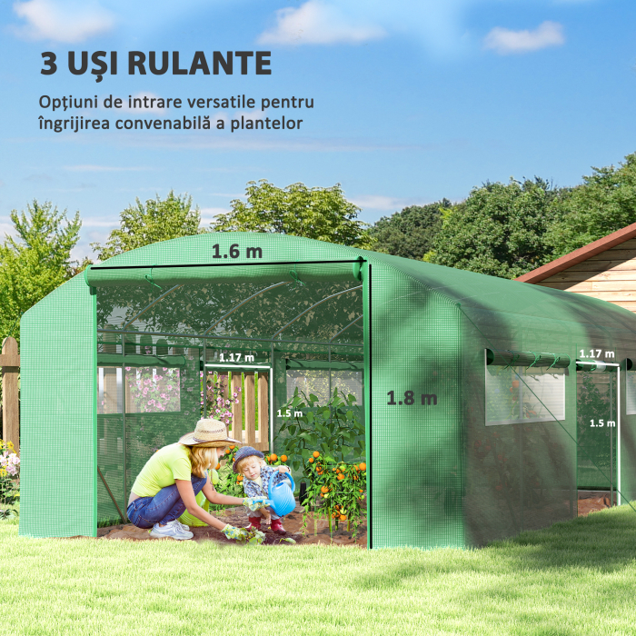  Sera tip tunel cu 3 usi rulabile si 6 ferestre, din otel galvanizat si PE, 6x3x2 m, verde [4]
