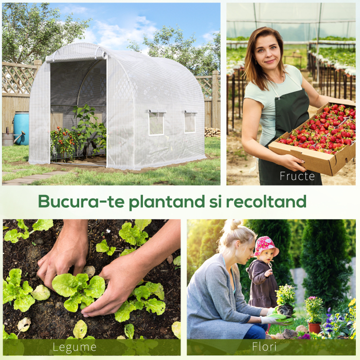  Sera tip tunel cu 4 ferestre si intrare cu fermoar din otel galvanizat si polietilena, 3x2x1,9 m, alba [7]