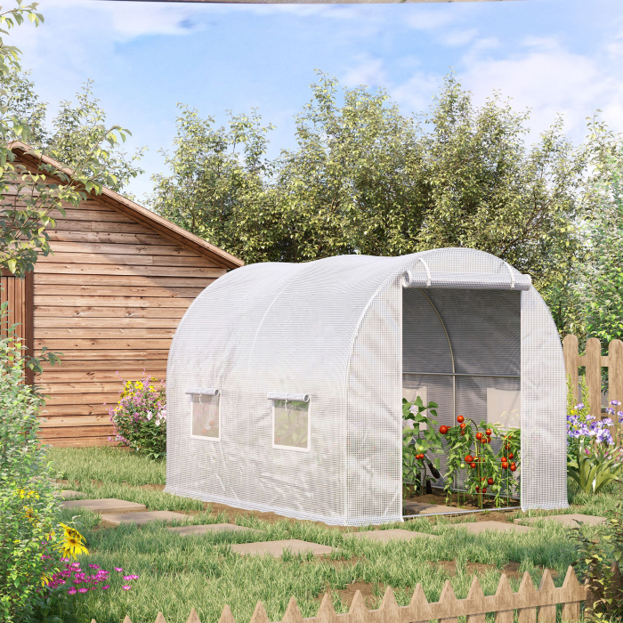  Sera tip tunel cu 4 ferestre si intrare cu fermoar din otel galvanizat si polietilena, 3x2x1,9 m, alba [2]