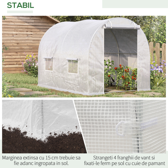  Sera tip tunel cu 4 ferestre si intrare cu fermoar din otel galvanizat si polietilena, 3x2x1,9 m, alba [5]
