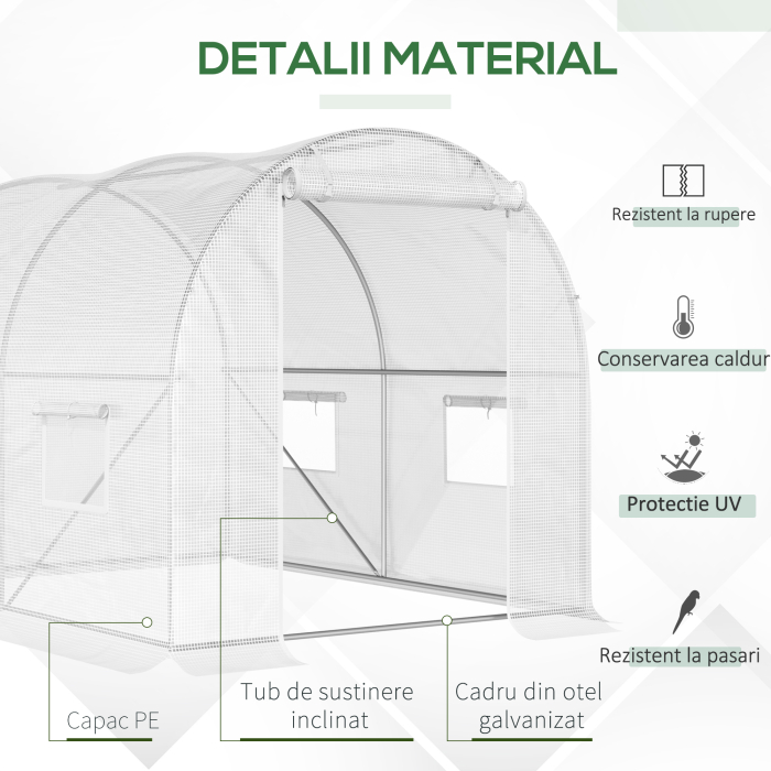  Sera tip tunel cu 4 ferestre si intrare cu fermoar din otel galvanizat si polietilena, 3x2x1,9 m, alba [4]