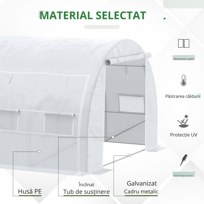  Sera Tip Tunel cu Usa, Panouri si 8 Ferestre Rulabile, din Otel Galvanizat si PE, 3.97x3x2 m, Alb [6]