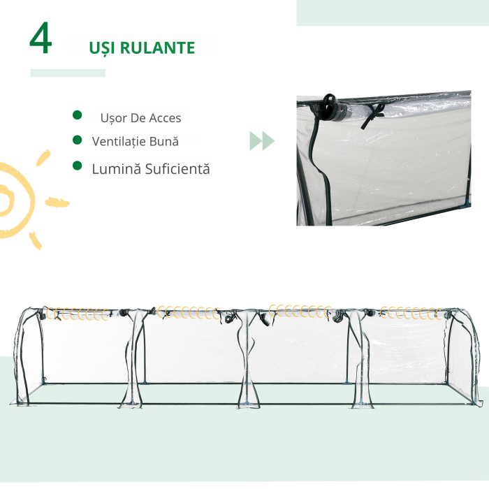  Sera tip tunel din otel si folie PVC impermeabila si anti-UV cu 4 usi cu fermoar, 395x100x80 cm, verde inchis si transparenta [7]