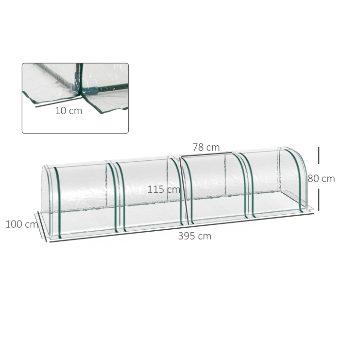  Sera tip tunel din otel si folie PVC impermeabila si anti-UV cu 4 usi cu fermoar, 395x100x80 cm, verde inchis si transparenta [3]