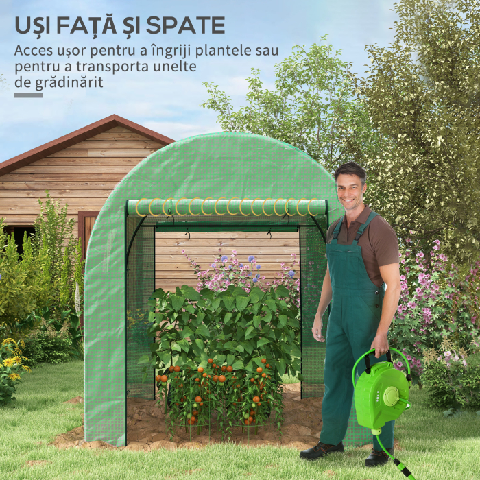  Sera Tip Tunel din Polietilena Cu Usi si Ferestre din Plasa, Cort cu Capac din PE si Cadru de Otel, Verde 1,8x1,8x2 m [5]