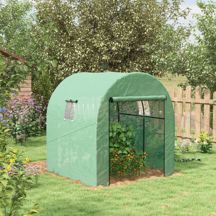  Sera Tip Tunel din Polietilena Cu Usi si Ferestre din Plasa, Cort cu Capac din PE si Cadru de Otel, Verde 1,8x1,8x2 m [2]
