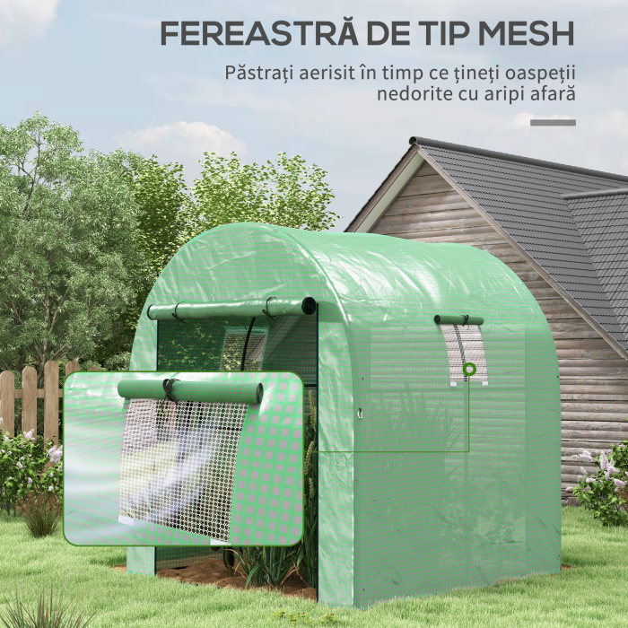  Sera Tip Tunel din Polietilena Cu Usi si Ferestre din Plasa, Cort cu Capac din PE si Cadru de Otel, Verde 1,8x1,8x2 m [6]
