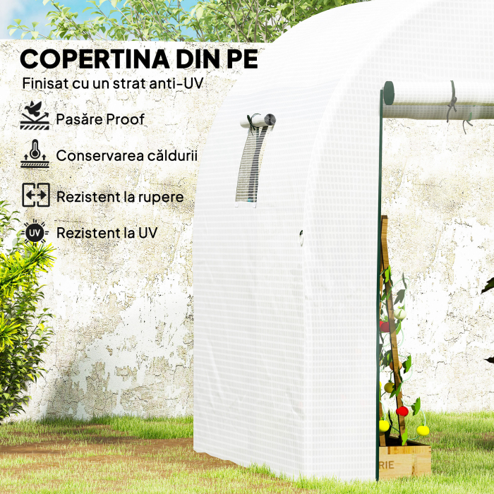  Sera Tip Tunel pentru Gradina 1.8x1.8x2 m din Otel si PE Anti-UV cu Usi Rulabile si Ferestre, Alba [4]