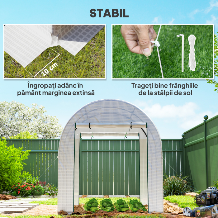  Sera Tip Tunel pentru Gradina 1.8x1.8x2 m din Otel si PE Anti-UV cu Usi Rulabile si Ferestre, Alba [7]