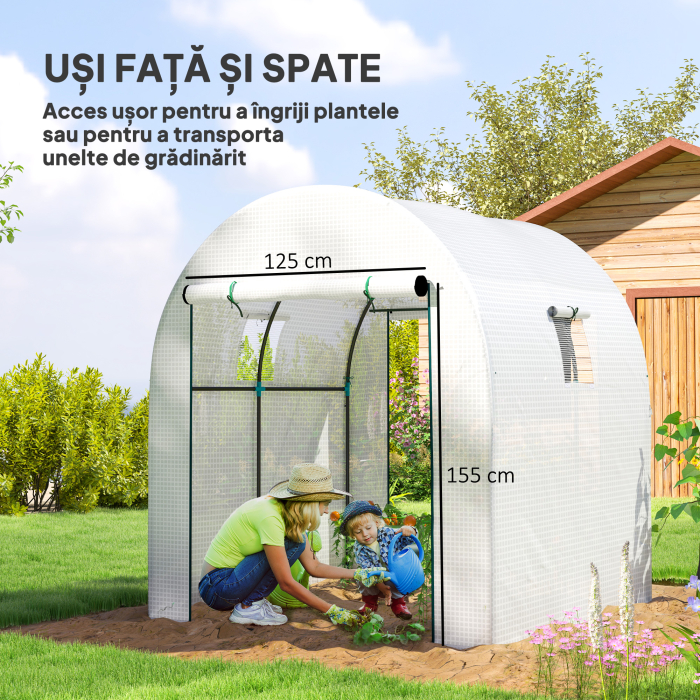  Sera Tip Tunel pentru Gradina 1.8x1.8x2 m din Otel si PE Anti-UV cu Usi Rulabile si Ferestre, Alba [5]