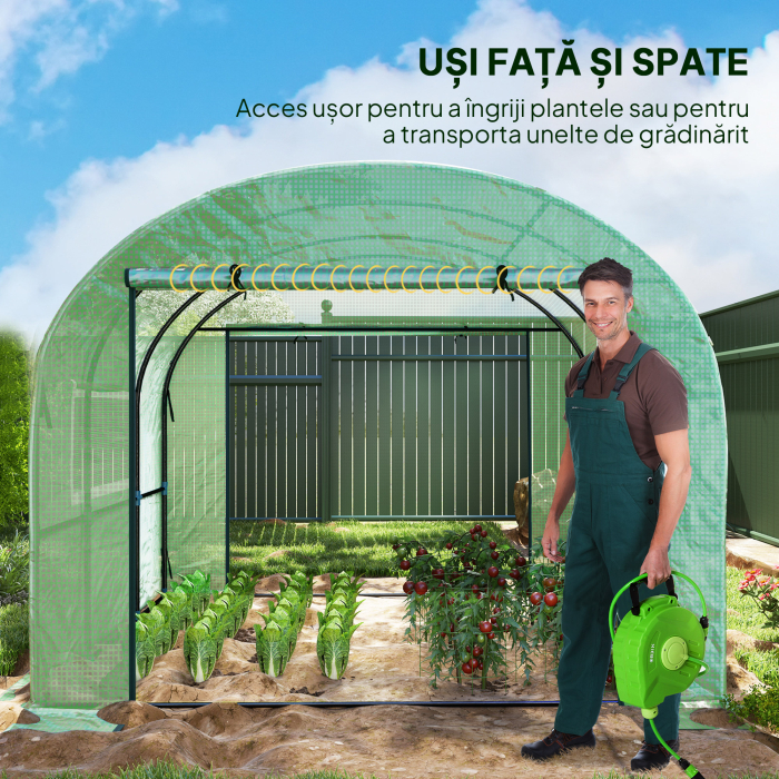  Sera tip tunel pentru gradina 3x3x2 m din otel si PE anti-UV cu usi rulabile si ferestre, verde [5]