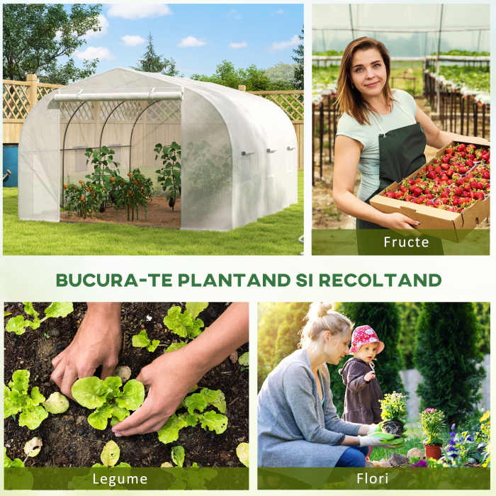  Sera Tip Tunel pentru Gradina cu 6 Ferestre si Usa Rulanta, din Otel si PE, 3.5x3x2 m, Alba [6]