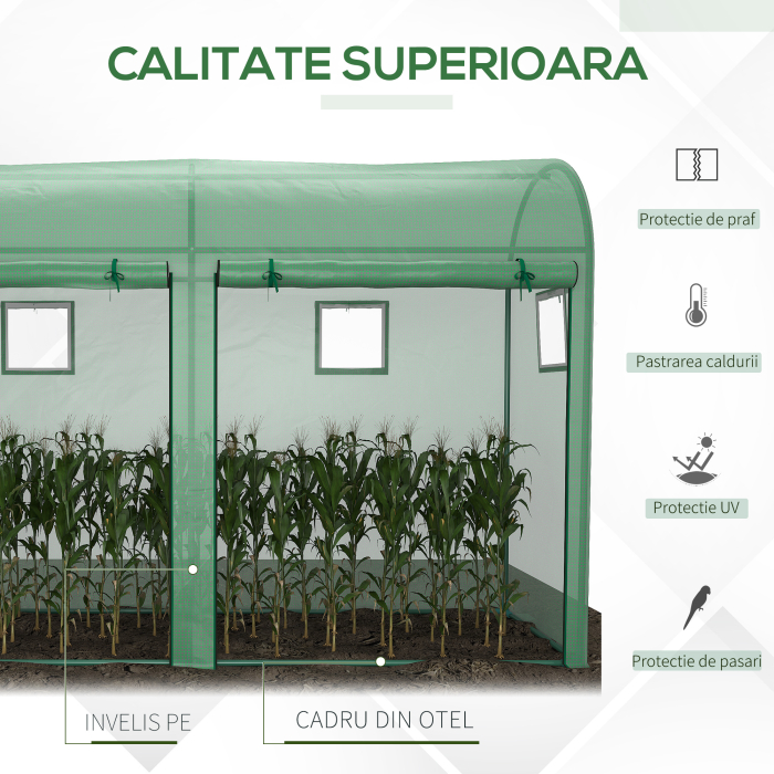  Sera Tunel cu 2 Usi si 4 Ferestre, Cadru din Otel, Acoperire din PE, Verde, 300x100x200 cm [4]