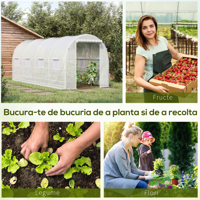  Sera tunel cu 8 ferestre si usa rulanta, sera de gradina tunel pentru plante, 5x2x2m, alb [6]
