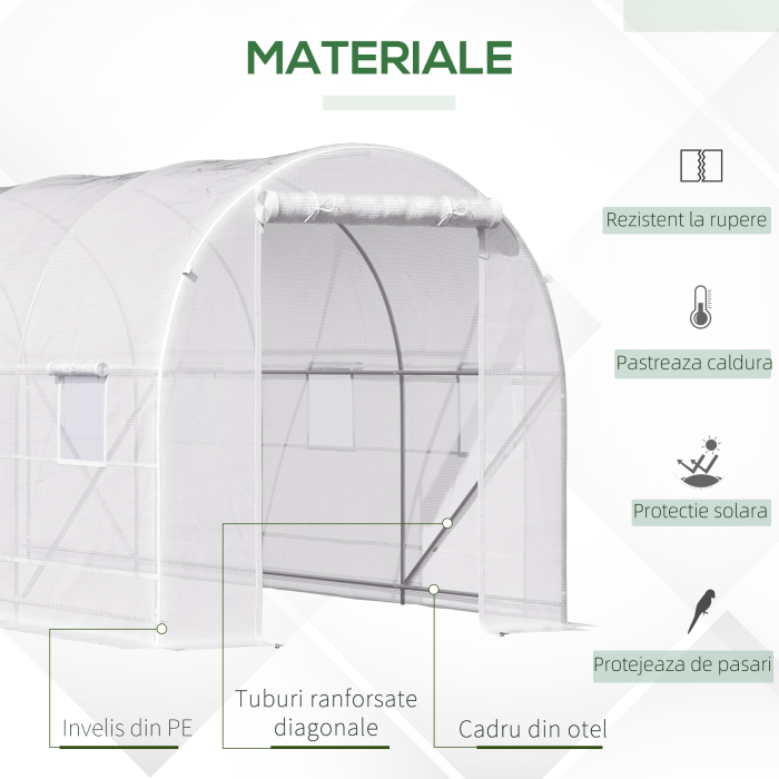  Sera tunel cu 8 ferestre si usa rulanta, sera de gradina tunel pentru plante, 5x2x2m, alb [5]