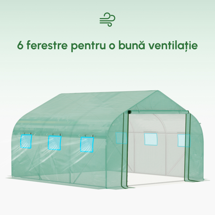  Sera Tunel cu Protectie PE si Structura din Otel, Poarta Tip Rulou si 6 Ferestre, 347x300x200 cm, Verde [4]