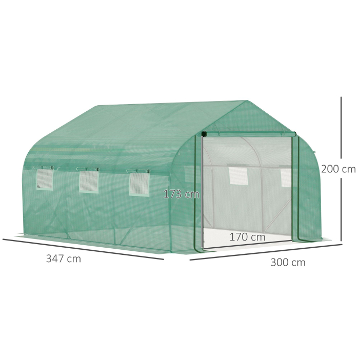  Sera Tunel cu Protectie PE si Structura din Otel, Poarta Tip Rulou si 6 Ferestre, 347x300x200 cm, Verde [3]