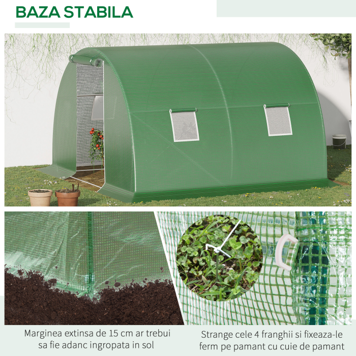  Sera tunel de gradina cu protectie din PE, Usa cu incuietoare si 4 ferestre, verde [5]