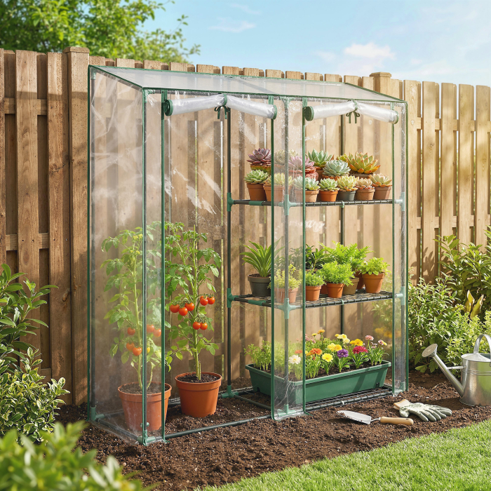  Sera Verticala cu 2 Sectiuni si 3 Rafturi, din Plastic si Otel, 143x45x151 cm, Verde inchis si Transparent [9]