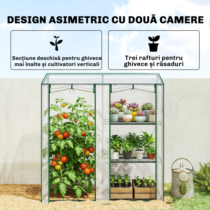  Sera Verticala cu 2 Sectiuni si 3 Rafturi, din Plastic si Otel, 143x45x151 cm, Verde inchis si Transparent [4]