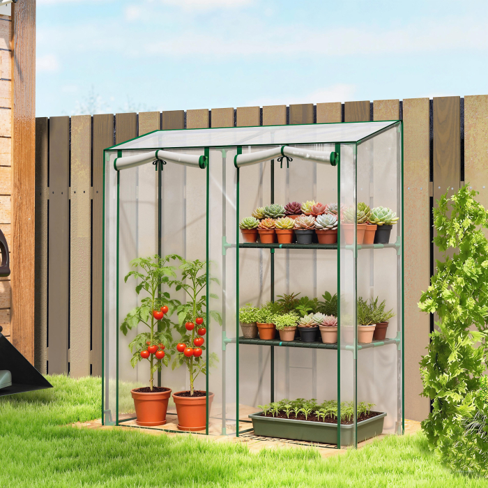  Sera Verticala cu 2 Sectiuni si 3 Rafturi, din Plastic si Otel, 143x45x151 cm, Verde inchis si Transparent [2]