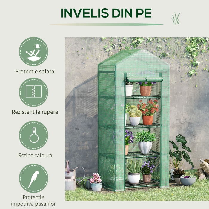  Sera verticala cu raft pe 4 niveluri, sera cu balcon si terasa din otel si PE verde inchis, 70x50x160cm [5]